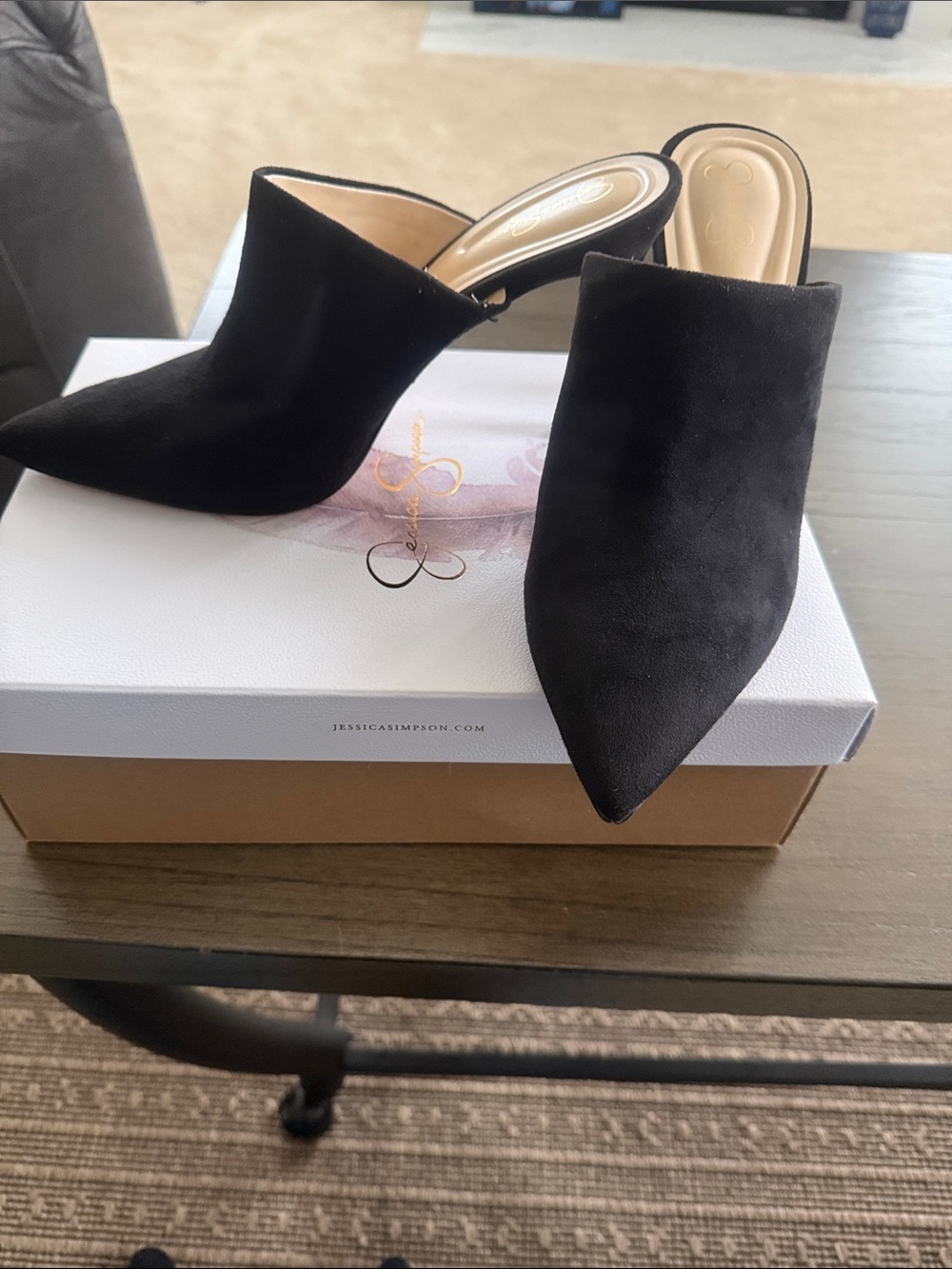 Jessica Simpson Black Pointed Mule Heels - Slip-On Suede Look